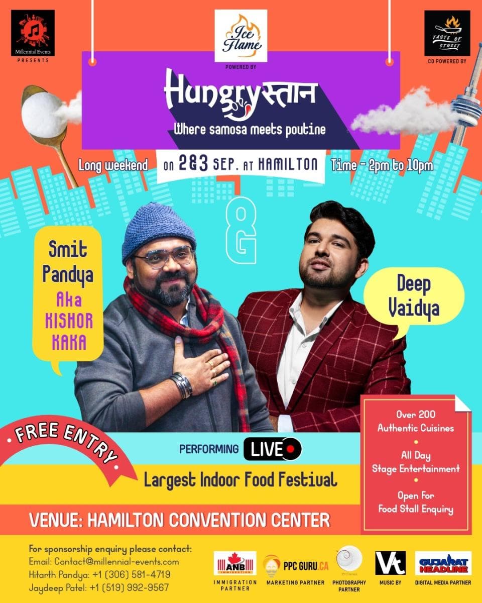 Original Hungristan poster naming Millennial Events, Hamilton Convention Centre, Smit Pandya and Deep Vaidya