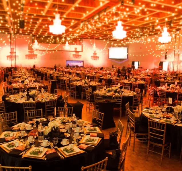 Banquet setup and warm lighting inside Hamilton Convention Centre